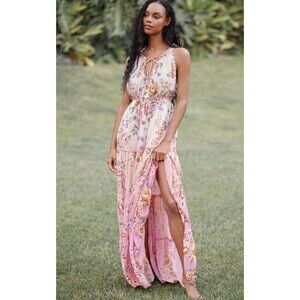 Anthropologie PQ Maxi Dress Tier Ruffle Pink Floral Vacay Preppy Boho Small NWT